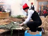 Un jove cou a la graella alguns dels 60.000 calçots que s'han consumit durant la Gran Festa de la Calçotada de Valls.