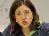 La portavoz del PSOE en el Congreso, Soraya Rodríguez, durante la rueda de rueda de prensa que ofreció en el Congreso.