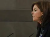 La vicepresidenta del Gobierno, Soraya Sáenz de Santamaría, durante la rueda de prensa posterior a la reunión del Consejo de Ministros.