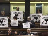 Los diputados de Amaiur exhiben carteles en favor del acercamiento de presos etarras a cárceles vascas al comienzo de la sesión de control al Gobierno.