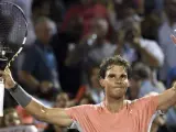Rafa Nadal celebra su victoria ante el australiano Lleyton Hewitt en el Masters 1000 de Miami.