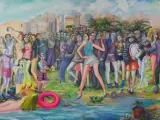 Fresco reciente de Raysse donde presenta con intención grotesca el "teatro del mundo" a través de una escena de playa