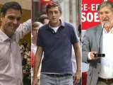 Los tres candidatos oficiales que optan a secretario general del PSOE: Pedro Sánchez, Eduardo Madina y José Antonio Pérez Tapias.