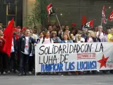 Trabajadores de Panrico protestan frente a la sede de la Audiencia Nacional de la calle Goya de Madrid, donde tiene lugar la vista sobre el Expediente de Regulación de Empleo (ERE) de la empresa.