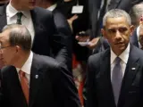 El presidente estadounidense, Barack Obama (d) junto con el secretario general de la ONU, Ban Ki-moon, este jueves.