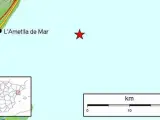 Mapa del Instituto Geográfico Nacional con el epicentro de los seísmos de 2,7 y 2,8 grados en la escala de Richter registrados ante la Ametlla de Mar (Tarragona).