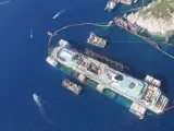 Imagen facilitada por Protección Civil Italiana que muestra una vista aérea de los trabajos de reflotamiento del Costa Concordia.
