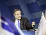 El primer ministro griego, Andonis Samarás, pronuncia unas palabras durante el último acto de la campaña electoral de su partid
