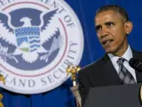 El presidente de los Estados Unidos, Barack Obama, durante la presentación de su proyecto presupuestario para el año fiscal 2016 en el Departamento de Seguridad Nacional, en Washington DC, Estados Unidos.