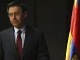 El presidente del FC Barcelona, Josep María Bartomeu, al inicio de la rueda de prensa en la que anunció el adelanto electoral para el verano de 2015.