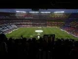 Aspecto que presentaban las gradas del Camp Nou momentos antes del inicio de la final de la Copa del Rey de fútbol, entre el FC Barcelona y el Athletic de Bilbao.