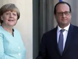 El presidente francés François Hollande (d) saluda a la canciller alemana Ángela Merkel (i) a su llegada al palacio del Elíseo en París