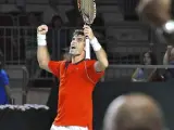 Fotografía facilitada por la RFET, del tenista español Pablo Andújar (número 32 del ránking de la ATP) durante su partido frente al ruso Karen Khachanov (187), correspondiente a la eliminatoria por el ascenso al Grupo Mundial de la Copa Davis.