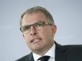 El presidente de la aerolínea alemana Lufthansa, Carsten Spohr, durante una rueda de prensa sobre el accidente del avión de su filial de bajo coste Germanwings.