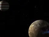 Recreación de la luna Ganímedes, a la que la ESA proyecta enviar una nave en 2022, en su órbita en torno a Júpiter.