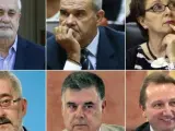 De izquierda a derecha y de arriba a abajo: los expresidentes de la Junta José Antonio Griñán y Manuel Chaves y los exconsejeros Carmen Martínez Aguayo, Antonio Ávila, José Antonio Viera y Manuel Recio.