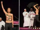 Dos momentos de la intervención de las dos activistas de Femen en la conferencia sobre las mujeres y el Islam en Francia.
