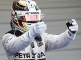 El piloto inglés de Fórmula 1 Lewis Hamilton celebra su victoria en el GP de Japón de 2015.