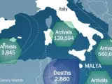 Gr&aacute;fico con los datos de la Organizaci&oacute;n Internacional para las Migraciones sobre la llegada de inmigrantes a Grecia en los primeros diez meses del a&ntilde;o 2015.
