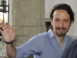 El secretario general de Podemos, Pablo Iglesias, a su llegada al Ayuntamiento de Madrid.