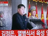 Imagen del líder norcoreano Kim Jong-un, durante su discurso con motivo del 70 aniversario de la fundación del Partido de los Trabajadores.