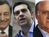 De izq. a dcha: Mario Draghi, Alexis Tsipras y Amancio Ortega.