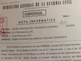 Nota enviada por la Dirección General de la Guardia Civil en la que se avisa de una amenaza de atentado terrorista en varios países, entre ellos España.