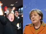 Simpatizantes del partido xenófobo Alternativa para Alemania (AfD) celebran el auge de su formación en las elecciones en tres estados alemanes. En la imagen de la derecha, la canciller alemana, Angela Merkel, cuyo partido ha sido duramente castigado en los comicios.