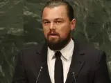Leonardo DiCaprio durante su discurso en la Cubre del Clima en Nueva York.