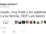 Condolencias de Jorge Lorenzo en Twitter por la muerte de Luis Salom en Montmeló.