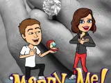 Foto de la mano izquierda de Miranda Kerr luciendo un anillo con un diamante y una caricatura de Spiegel ofreciéndole la joya.