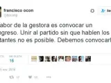 Mensaje de Francisco Ocón, miembro de la gestora del PSOe, en Twitter, en el que pide que se convoque ya un congreso del partido.