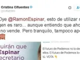 Mensaje de Cristina Cifuentes a Ramón Espinar en Twitter.