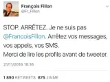 Tuit del periodista francés François Fillon, harto de que lo confundan con el nuevo candidato de la derecha la Presidencia de Francia.