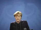 La canciller alemana, Angela Merkel, en una comparecencia institucional en la sede de la Cancillería en Berlín (Alemania).