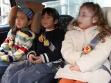Tres niños montados en sus sillas de seguridad en un coche.