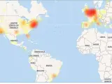 Un mapa muestra los fallos de Facebook según los países.