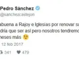 Tuit de Sánchez felicitando a Rajoy e Iglesias.