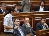 El líder de Podemos, Pablo Iglesias, durante su intervención en la sesión de control al Gobierno en el pleno del Congreso de los Diputados.