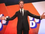 El primer ministro holandés, Mark Rutte, durante su discurso la noche de las elecciones, en Amsterdam.