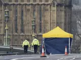 Varios miembros de la policía forense inspeccionan los alrededores del puente de Westminster.