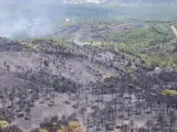 Aspecto tras el incendio forestal declarado en Minas de Riotinto, en Huelva.