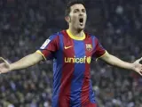 David Villa celebra un gol con el Barcelona.