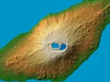 Imagen en tres dimensiones de la isla de Ambae, donde se aprecia el cono volcánico.