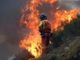 Un bombero trabaja la extinción en uno de los incendios en Degaña (Asturias).