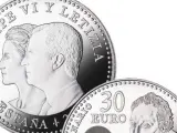 Efigies superpuestas de Sus Majestades los Reyes Don Felipe y Doña Letizia, Miguel de Cervantes, en la moneda de 30 euros.