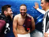 Leo Messi, Gonzalo Higuaín y Paulo Dybala tras el partido entre la Juventus y el Barça