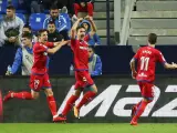 Unai Elgezabal celebra el gol del Numancia ante el Málaga en la Copa del Rey.