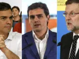 De izquierda a derecha, el secretario general del PSOE, Pedro Sánchez; el presidente de Ciudadanos, Albert Rivera, y el presidente del Gobierno y del PP, Mariano Rajoy.