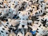 Decenas de peluches de Soohorang, la mascota de los Juegos Olímpicos de Invierno de Pyeongchang, a la venta en el complejo deportivo de Gangneung (Corea del Sur).